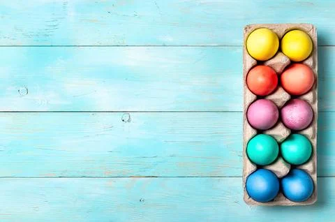Easter concept, copy space, top view, blue wood Stock Photos
