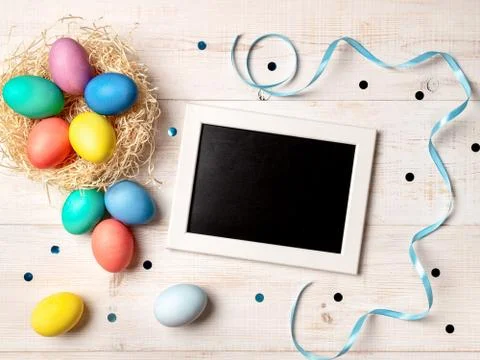 Easter concept, copy space, top view, white wood Stock Photos