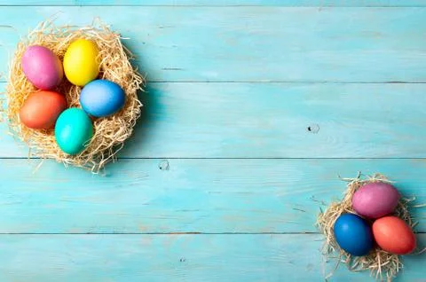 Easter concept, copy space, top view, blue wood Stock-Fotos