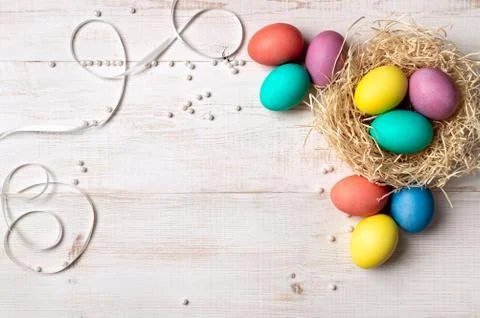 Easter concept, copy space, top view. Colorful eggs 스톡 사진