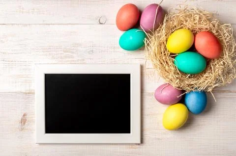 Easter concept, copy space, top view, white wood 스톡 사진