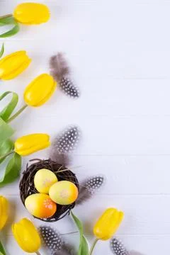 Easter concept. Decorative willow nest with decorative eggs, feather on white Fotos de archivo