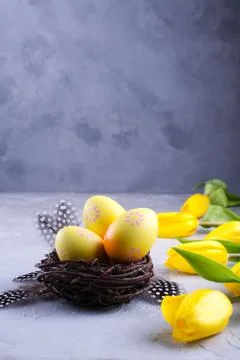 Easter concept Decorative willow nest with decorative eggs, feather on gray Stock Photos