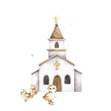 Easter concept. Easter chick and church. Hand painting cute watercolor isolat Stock Illustration