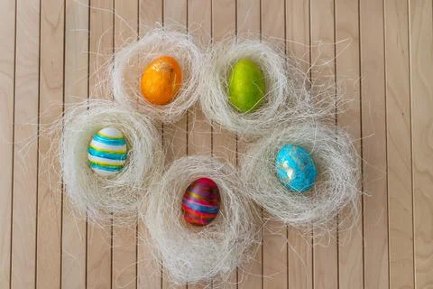Easter concept. Easter decoration with colorful painted easter eggs Stock Photos