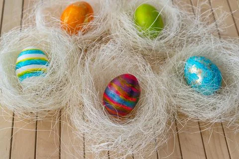 Easter concept. Easter decoration with colorful painted easter eggs 스톡 사진