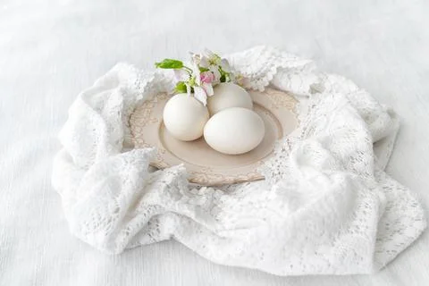 Easter concept. Easter decoration with hens and quail eggs Stock Photos
