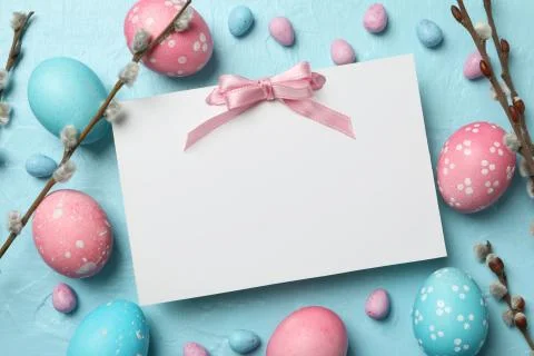Easter concept with Easter eggs and space for text on blue background Foto stock