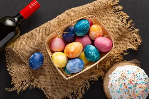 Easter concept with eggs and Easter cake, top view 写真素材