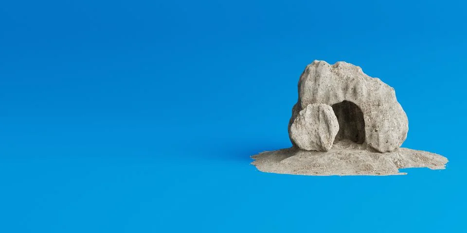 Easter Concept. Empty Tomb of Jesus Christ with Rolled Away Stone Near the .. Stock Illustration