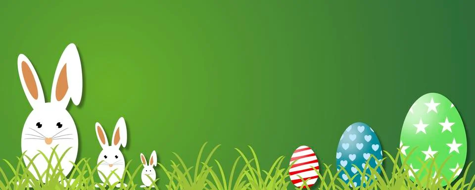 Easter concept. Green grass, easter rabbits eggs and web banner background Stock Illustration