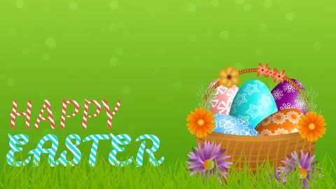 Easter concept image on blue background with decorated egg basket. Illustrazione stock