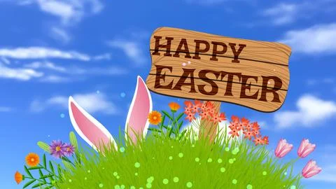 Easter concept image with  green grass, different flowers, rabbit ears and .. Illustrazione stock