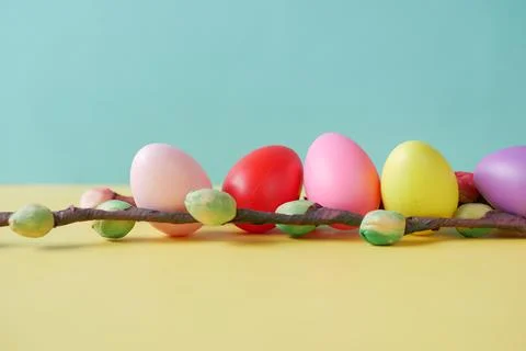Easter concept with multi color egg on color background. 스톡 사진