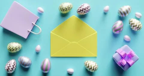 Easter concept. Open envelope surrounded by eggs gifts shopping bags. Illustrazione stock