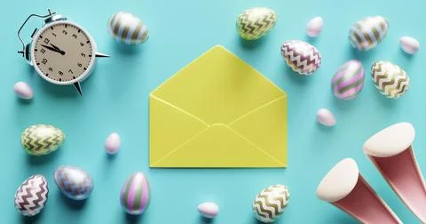 Easter concept. Open envelope surrounded by eggs bunny ears alarm clock Illustrazione stock