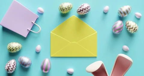 Easter concept. Open an envelope surrounded by a shopping bag Illustrazione stock