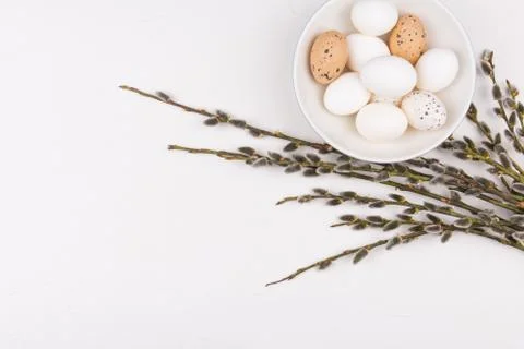 Easter concept. Stylish background with white and brown eggs in bowl Stock Photos