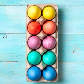 Easter concept, top view, blue wood Foto stock