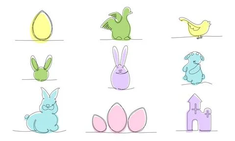 Easter continues one line pack. Vector stock illustration set isolated on white Stock Illustration