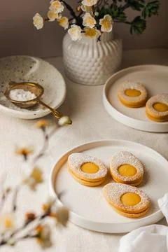 Easter cookies in the form of Easter egg with powdered sugar and lemon cream  Fotos de archivo