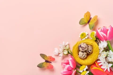 Easter creative composition. Spring flowers, quail eggs in nest and butterflies 写真素材