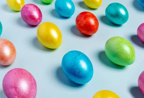 Easter creative festive composition. Diagonal lines of glossy Easter eggs o.. Stock Photos