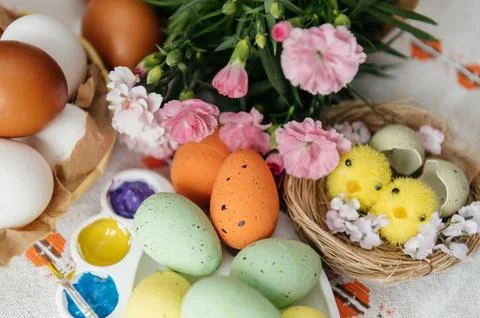 Easter Creative Workshop with Painted Eggs, Art Palette and Decorative Chicks Stock Photos