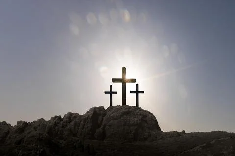 Easter cross on the dawn background 스톡 사진