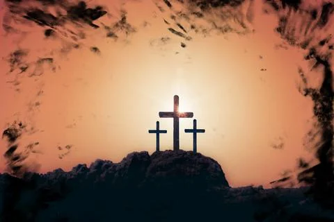 A Easter cross on the dawn background 스톡 사진