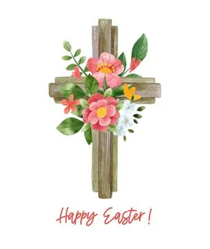 Easter cross with floral decor. Hand drawn vector Stock Illustration