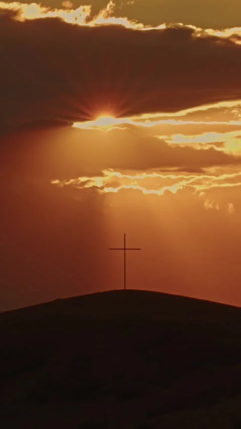 Easter. Cross on a hill in the sunlight, resurrection of Jesus Christ, Christian Stock Footage 317682639