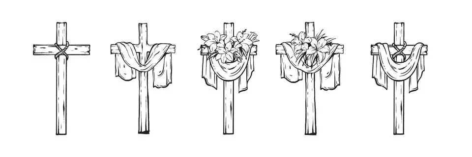 Easter cross icon set, vector hand drawn Christianity wooden crucifix Stock Illustration