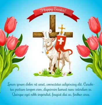 Easter cross with lamb and flower poster template Stock Illustration