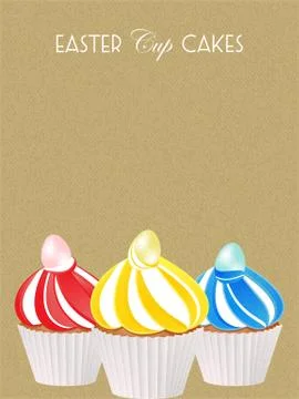 Easter cup cakes with eggs and text on textured background Stock Illustration