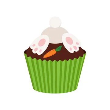 Easter cupcake with bunny booty and carrot isolated on white background. Stock Illustration