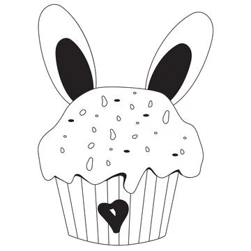 Easter cupcake with bunny ears. Vector drawing. Black line, outline. Festive des Stock Illustration