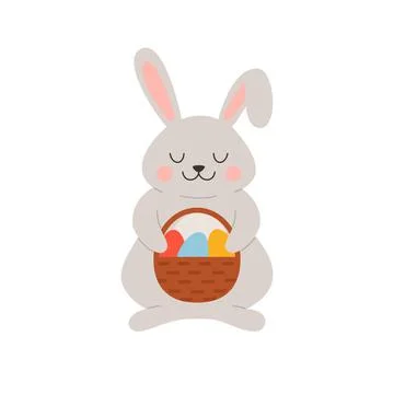 Easter cute bunny with basket full of eggs, flat vector illustration isolated. Stockillustratie