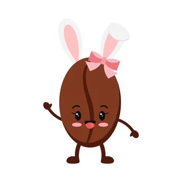 Easter cute coffee bean with bunny ears icon isolated on white baclground. Stock Illustration