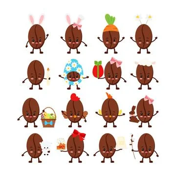 Easter cute coffee beans icon set. Stock Illustration