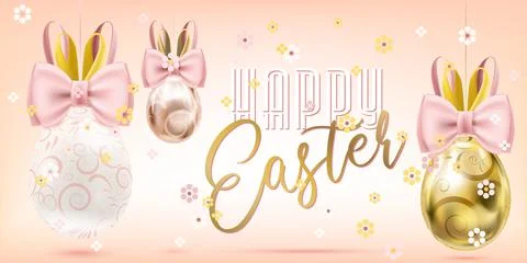 Easter Cute Golden Eggs with Bunny Bow in confetti Stock Illustration