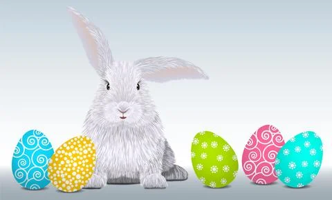 Easter cute rabbit and colored easter eggs vector Stock Illustration