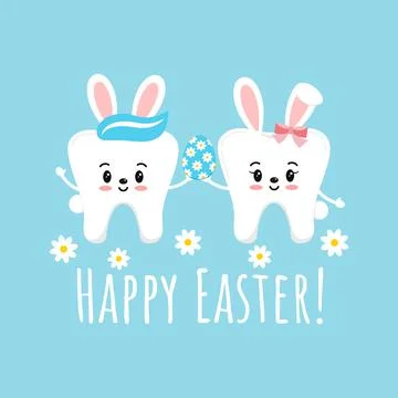 Easter cute smile teeth with bunny ears on dentist greeting card. Stock Illustration