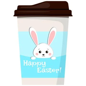 Easter cute white bunny on paper coffee or tea cup icon isolated on white bac Stock Illustration
