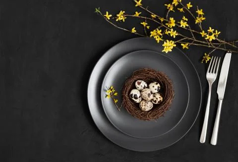 Easter dark table setting with a nest of small quail eggs and yellow flowers  Stock Photos
