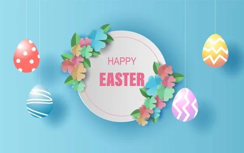 Easter day background.Creative paper art and craft style.Frame circle for you 스톡 일러스트