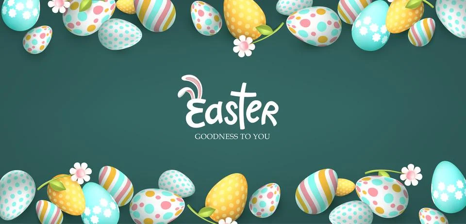 Easter day banner with easter eggs frame and spring flowers on blackboard Stock Illustration