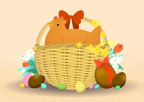 Easter day with chicken in a eggs basket Stock Illustration