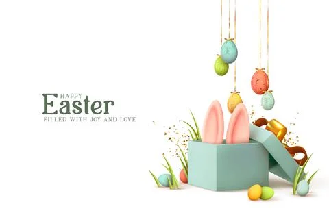 Easter day design. Realistic blue gifts boxes. Open gift box full of decora.. Stock Illustration