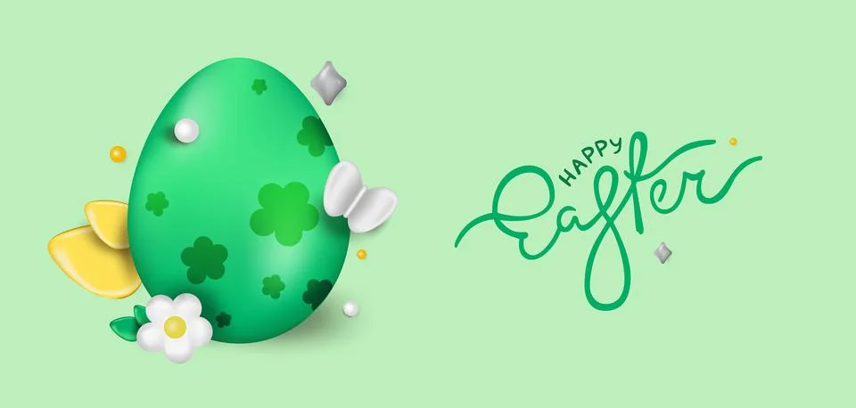 Easter day design. Realistic Easter eggs on a green background. Holiday banne Stock Illustration